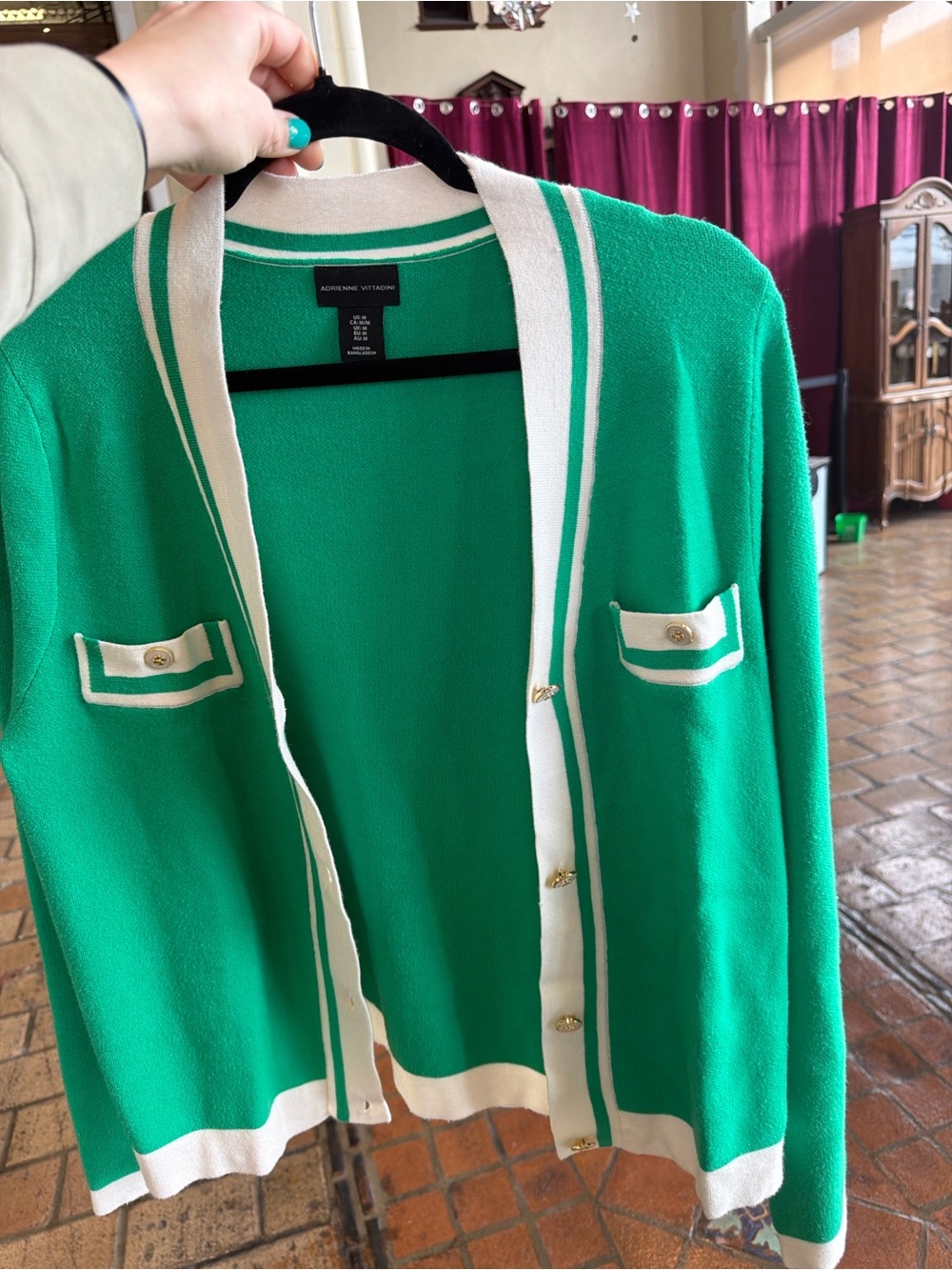 Adrienne Vittadini Green & Cream Trim Cardigan
